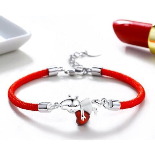 Pig year red rope bracelet female 925 sterling silver jewelry pig 12 Zodiac hand rope hand-woven