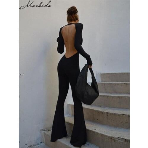 Macheda Autumn Black Fashion Slim Jumpsuits Women Sexy Backless O Neck Full Sleeve Street Casual Lady Flare Long Pants Rompers