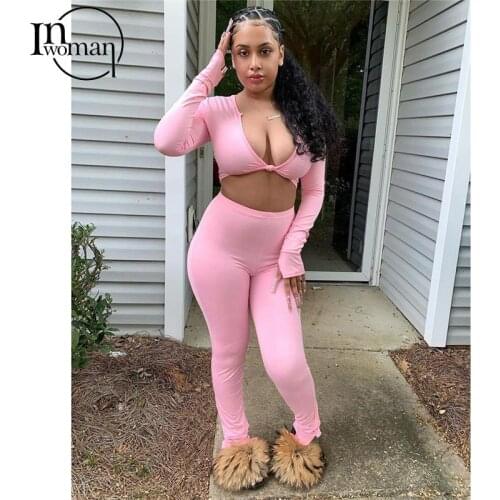 INWOMAN Sexy Bandage Long Sleeve Tank Top And High Waist Pants Matching Sets Outfits Women Bodycon 2 Two Piece Set Ladies 2021