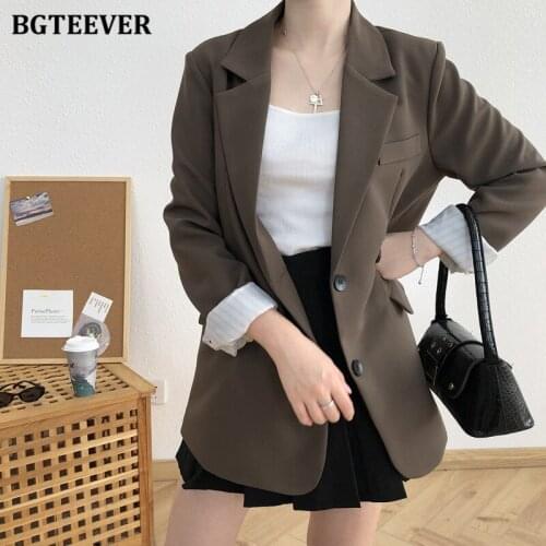 BGTEEVER 2021 Summer Autumn Fashion Loose Notched Collar Women Blazer Jackets Long Sleeve Single-breasted Elegant Female Outwear