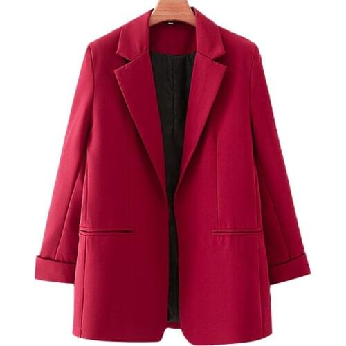 Women Fashion Office Wear Red Blazer Coat Vintage Long Sleeve Pockets Female Outerwear Chic Tops