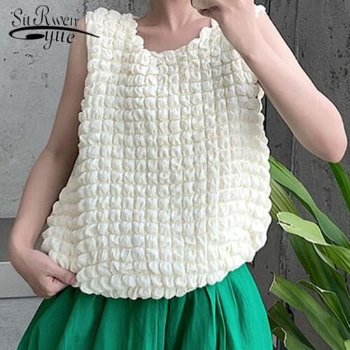 2021 Korean Fashion Crop Tops Women Summer Sleeveless Chic Bubble Apricot O Neck Vest Sweet Loose Tank Tops for Women 14910