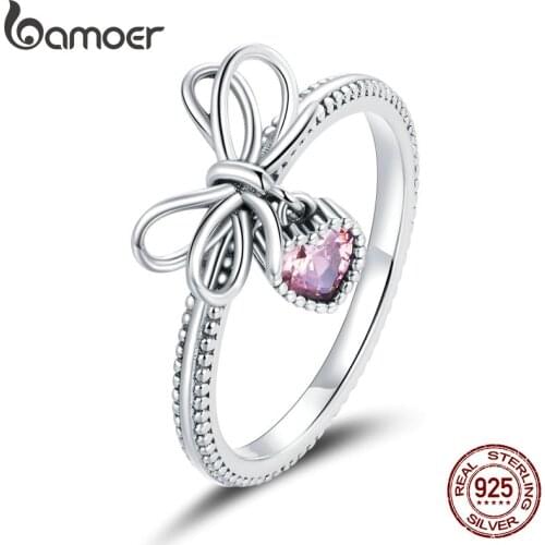 Bamoer 925 Sterling Silver Gift with Bow Finger Rings for Women Vintage Retro Stackable Rings Band Silver Fine Jewelry SCR682