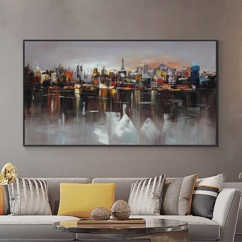 Abstract Large City Building At Night 100% Hand Painted Oil Painting On Canvas Decorative Landscape Wall Art Unframed For Home