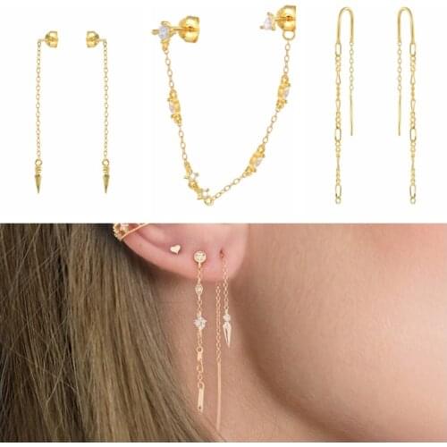 BOAKO S925 Silver Delicate Dainty Chain Stud Earring Dangle for Women Elegant Crystal Zircon Earrings Pendientes Brincos Gifts