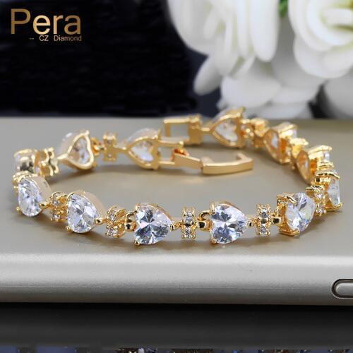 Pera Romantic Big Heart Shape Connected Cubic Zirconia Stone Gold Color Wedding Bracclets Jewelry For Engagement Party Gift B122