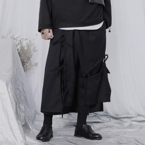 Casual pants mens loose straight-leg pants Yamamoto wind dark stitching tether drape wide-leg pants mens nine-point hakama