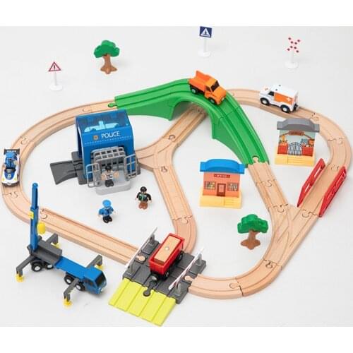 Wooden Railway Train Track Police Station Set Wooden Track Blocks Accessories Fit for Thomas Biro Train Toys for Children Gifts