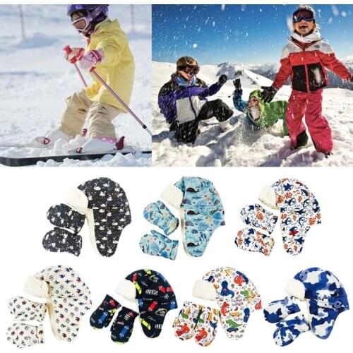 Toddler Kids Winter Warm 2 Pieces Trapper Hat and Mitten Set Waterproof Cartoon Plush Lined Earflap Cap Ski Snow Gloves