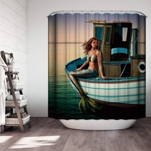 Hot Fantasy Mermaid on The Boat Polyester Fabric Waterproof Bathroom Shower Curtains