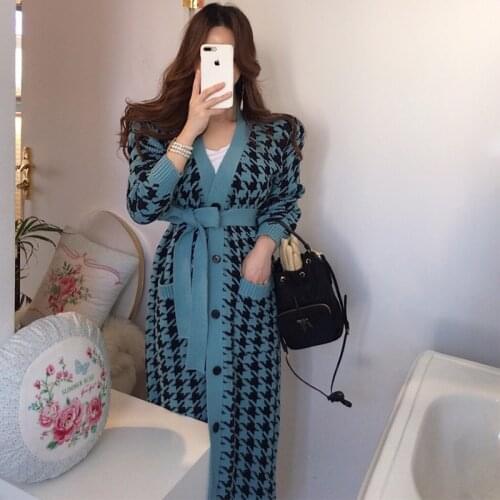 Ardm Korean Fashion Houndstooth Long кардиган женский 2021 Street Style Long Sleeve Top With Belt Sweater Casual Winter Cardigan