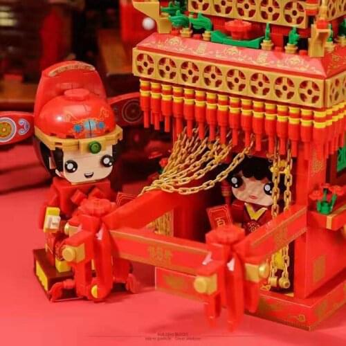 Chinese Tradition Wedding Bride Bridegroom Figures Model Building Blocks Wedding Gift Bridal Sedan Chair Doll DIY Bricks Toy
