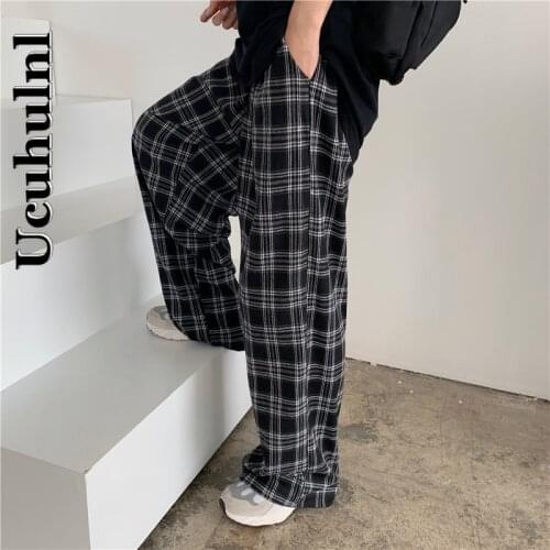 Ucuhulnl Plaid Pants Women Casual Chic Oversize Loose Wide Leg Trousers Ins Retro Teens Harajuku Hip-hop All-match Unisex