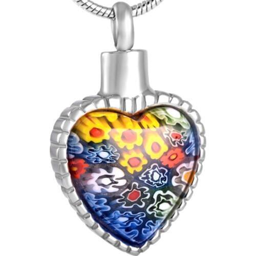 KLH8551 Stainless Steel Murano Glass Flower Heart Pendant Cremation Urn Necklace Ashes Keepsake Memorial Jewelry