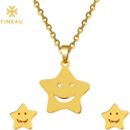 FINE4U N091 Wedding Star Smile Face Pendant Necklace & Earrings Sets Stainless Steel Jewelry Sets For Women Bridal Jewelry Sets