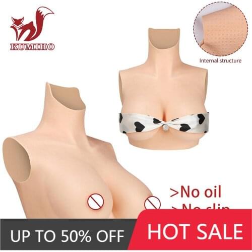 KUMIHO 6G Drag Queen Fake Boobs Silicone Breast Forms A/B/C/D/E/G Cup NO Oil Half Bodysuit for Transgender for Ladyboy shemale