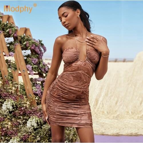 2021 Print Cut-Out Mini Dress Sexy Lace-Up Halterneck Bodycon Dresses Elegant Female Ruched Night Club Party Outfits Clothing