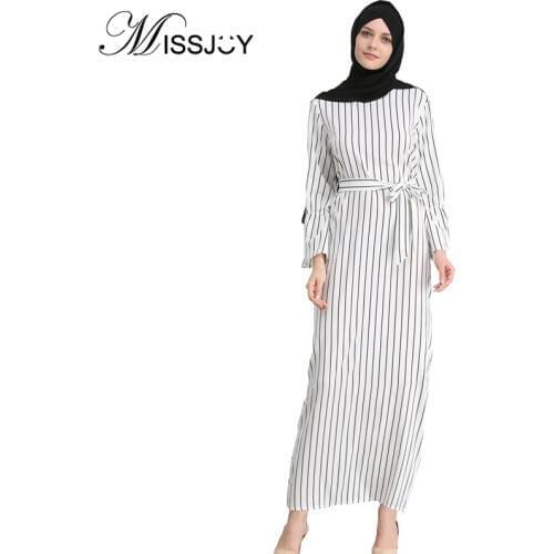 MISSJOY kleid Dubai Open Abaya Muslim Party dresses Women Kaftan Cotton Striped Turkish Islamic Arab Women Costume Casual Wear