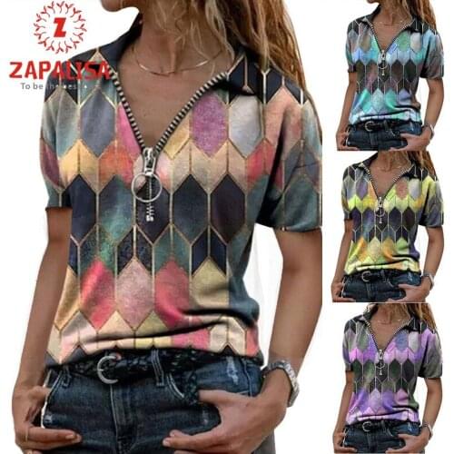 Fashion Women Summer Casual Loose T-Shirts Patchwork Design Zipper Button Decor Turn-down Collar Short Sleeve Color Contrast Top