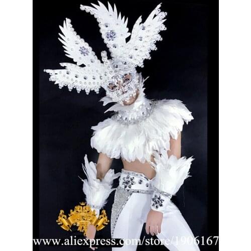 Fashion Men White Feathers Stage Ballrooom Costume Angel Man Clothing Party Christmas Performance DJ Singer Clothes Dance Suit