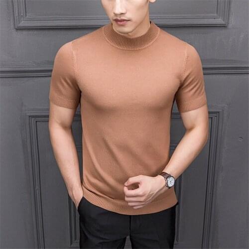 Mens Cotton T-shirt Sweater Half Turtleneck Solid Suck Sweat High Quality De Yq Clothing Knitted Casual Short Sleeve Pullover
