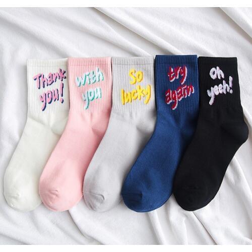 Cotton Fashion Women Socks Color Letter Thank Lucky Spring Autumn Crew Socks Solid Striped Casual Character Korean Socks
