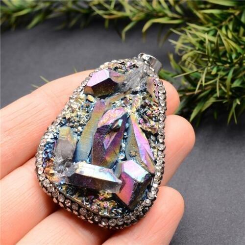 Natural Stone Crystal Quartz Necklaces Men Women Trendy Irregular Rhinestone Druzy Long Leather Rope Pendant Charm Jewelry Gift