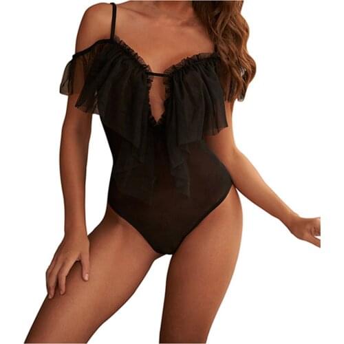 Sexy Underwear Women Suspender Lace Gauze 3D Perspective Top Exposed Buttocks Hollow Strapless Elastic Black Jumpsuit Lingerie
