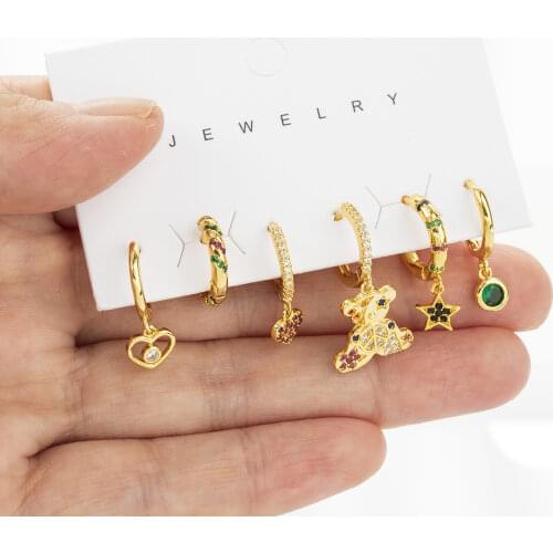 SIPENGJEL Fashion Rainbow Colorful Zircon Drop Hoop Earrings Set 6 Pcs Heart Pendant Earrings For Women Jewelry