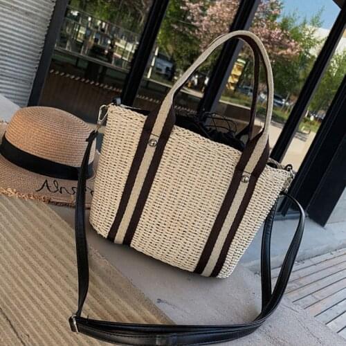 Bohemia Straw Bag Women Woven Handmade Lady Tote Summer Beach Striped Strap Shoulder Bag Rattan Knitted Large Capacity Handbag
