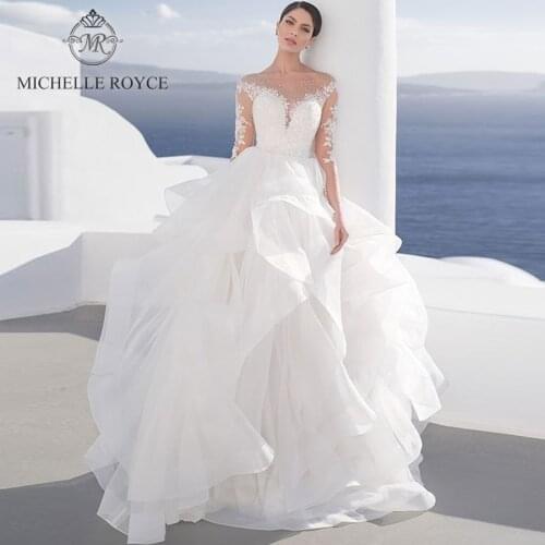 Michelle Royce A-Ling Wedding Dresses 2020 Sweetheart Half Sleeve Appliques Illusion Cut-outTiered Chapel Train Vestido De Noiva
