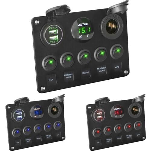 Digital Voltmeter Dual USB Port 12V Outlet Combination Waterproof Car Marine Boat LED Rocker Switch Panel