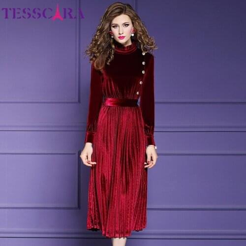 TESSCARA Women Autumn & Winter Elegant Velvet Dress Female Designer Cocktail Party Robe High Quality Vintage Pleated Vestidos
