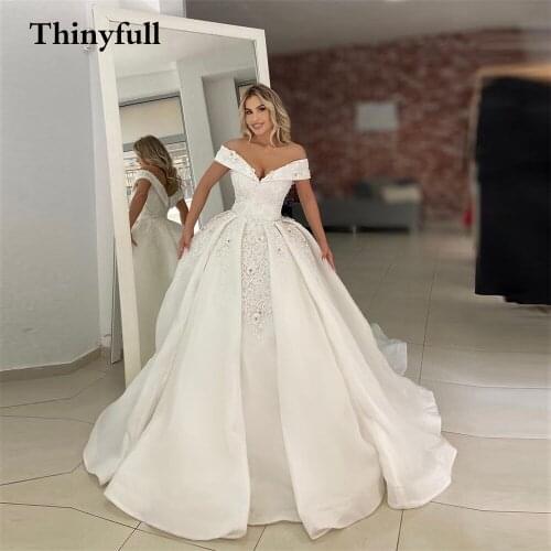 Thinyfull 2021 Royal Lace Applique Flower A-Line Beach Wedding Dresses Organza Country Princess Boho V-Neck Bridal Ball Gowns