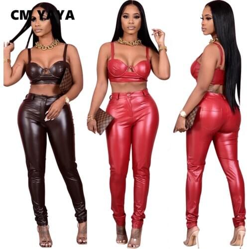CM.YAYA Fall Winter Faux PU Leather Women Pencil Pants Skinny Bodycon High Waist Zipper Fly Trouser