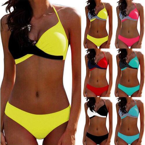 Women Sexy Two-color Patchwork Cross Bikini Swimwear Separate Bathing Suits