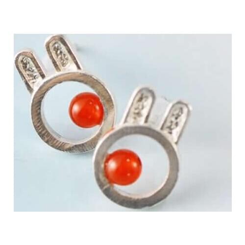 New Arrival Pure S925 Silver Earrings Women Red Agate Bunny Stud Earrings