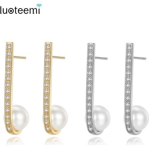 LUOTEEMI Drop Earrings Imitation Pearl Cubic Zirconia Unique Simple Design Engagement Big Vintage Boucles D'oreilles for Women