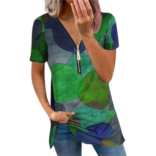 Womens Tops And Blouses Womens Blouse Polka Dot Printing Pullover Zipper V-neck Casual Short Sleeves Blusas Mujer De Moda 2021