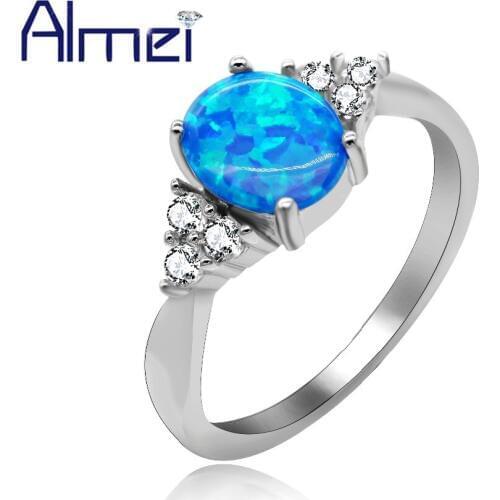 Almei 40%Off 925 Sterling Silver Rings For Girls Women Blue Fire Opal And Zircon Stone Wedding Ring Jewelry Bague With Box JZ125