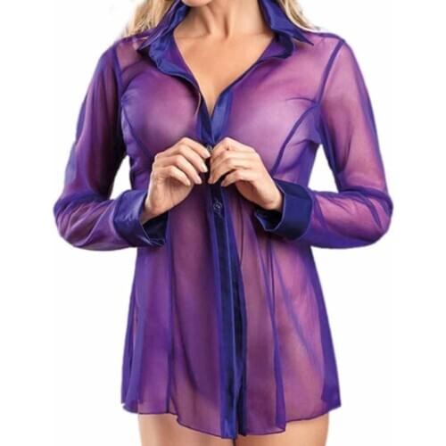 Women Button Lingerie Dress Transparent Clubwear Stripper Long Sleeve Blouse New M2EA