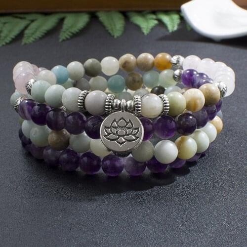 108 Mala 8mm Natural Amethyst Amazonite Rose Quartz Beaded Elastic Cord Wrap Bracelet Yoga Jewelry Men and Women Charm Bangle