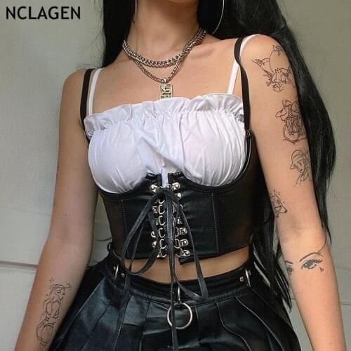 NCLAGEN Eyelet Bandage Bustier Push Up Corset Tank 2021 Fashion PU Camisole Women Fitness Activity Clothing Workout Bodycon Tank