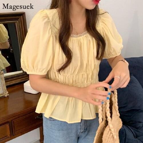 Korean Sweet Summer Square Collar Lace Up Women Shirts Puff Short Sleeve Chic Elegant Woman Blouses Office Lady White Tops 14546