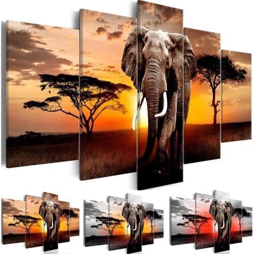 Canvas Pictures Home Decor 1 Piece Walking Elephant Sunset Africa Grassland Scenery Painting Prints Poster Living Room Wall Art