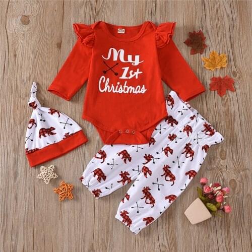 My First Christmas Outfit For Newborn Baby Girl Letter Print Romper Tops And Deer Print Pants Hat Set Fashion 3 piece Set 0-18M