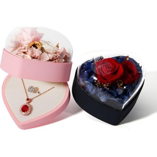 Rose Flowers Ring Box Heart Shape Preserved Flower Gift Box Wedding Ring Display Holder Box Jewelry Storage Valentines Day Gift