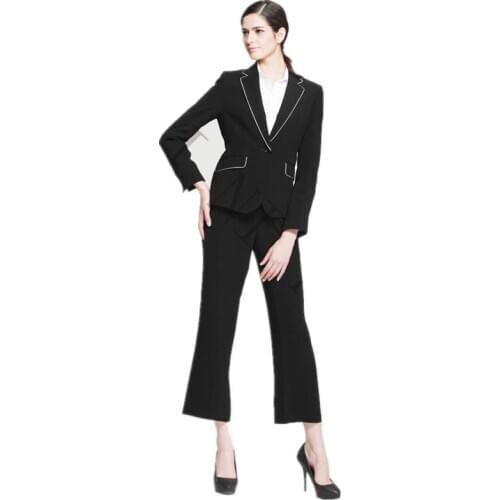 New Black and White Female Elegant Pant Suits Formal Work Wear Womens Long Sleeve Blazer with Trousers Ladies Office Uniform