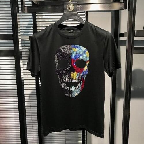 Korean Summer Top Mens Skull Head Rhinestone T-Shirt Star Pattern Printing Loose Breathable Casual SportsShirt Oversized