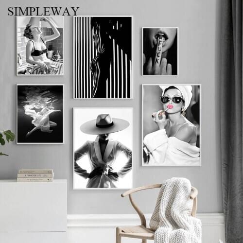 Fashion Wall Art Black White Woman Canvas Poster Sexy Female Art Beauty Girl Print Wall Picture Painting Modern Home Decoration